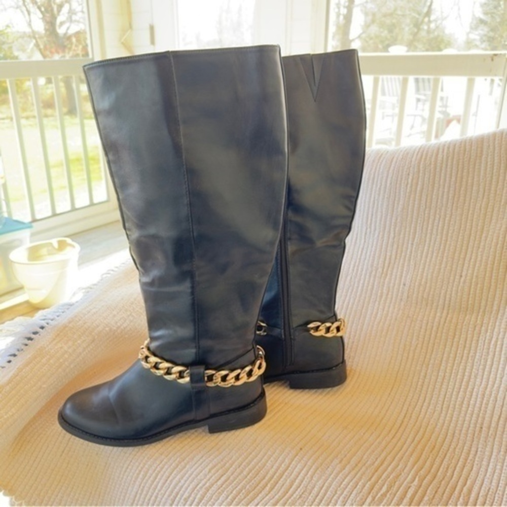 Tall Black Boots Flat with Gold Ankle Chains size 8